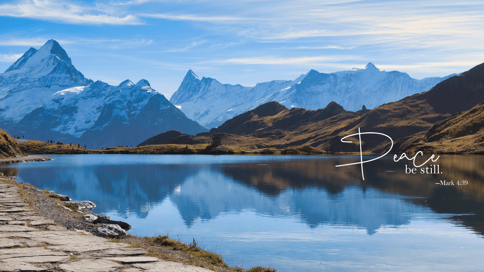 Mountain lake with Mark 4:39 verse