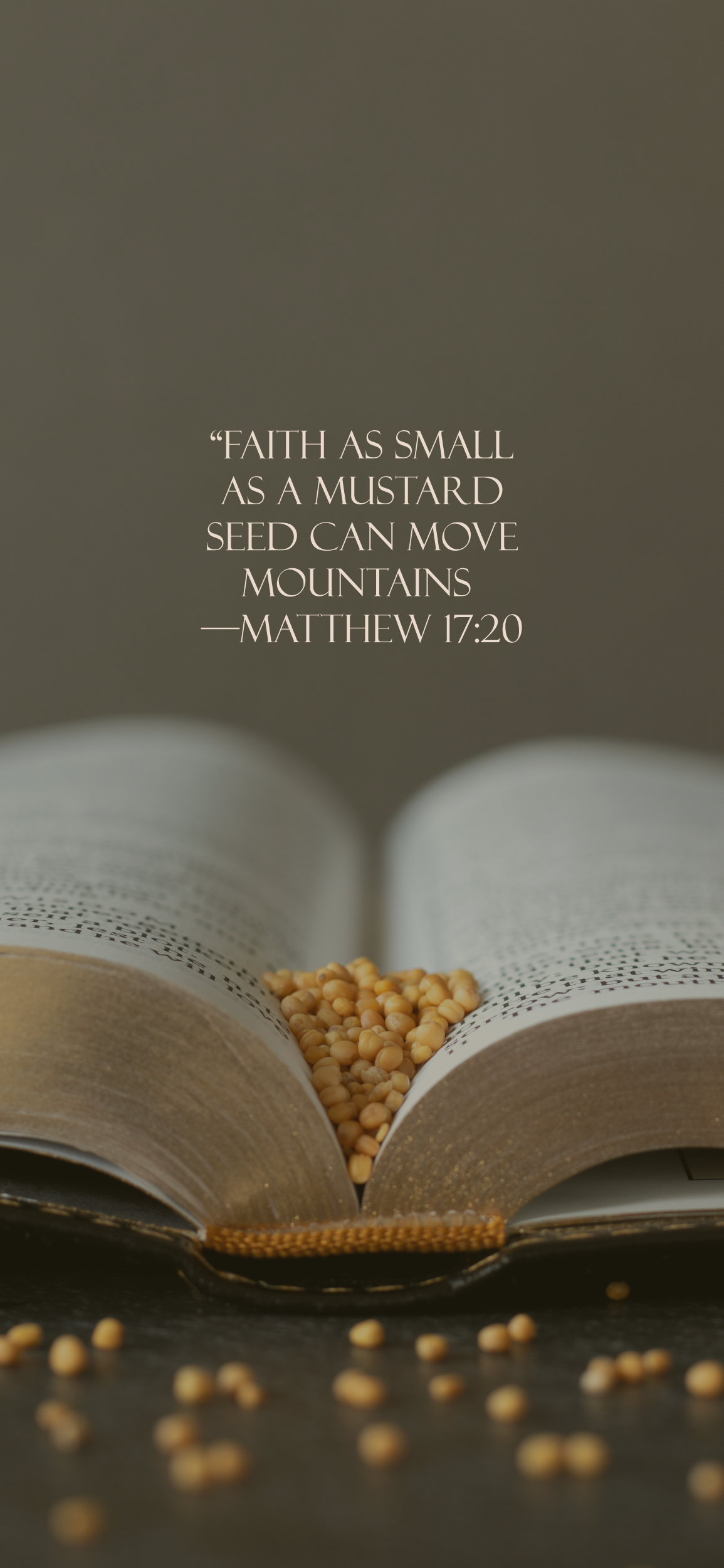 Bible with mustard seeds with Matthew 17:20 verse